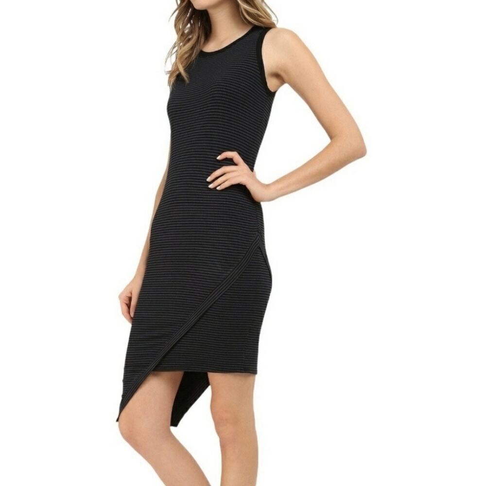 Michael Stars Rib Knit Striped Black Gray Stretchy Sleeveless Tank Dress LARGE